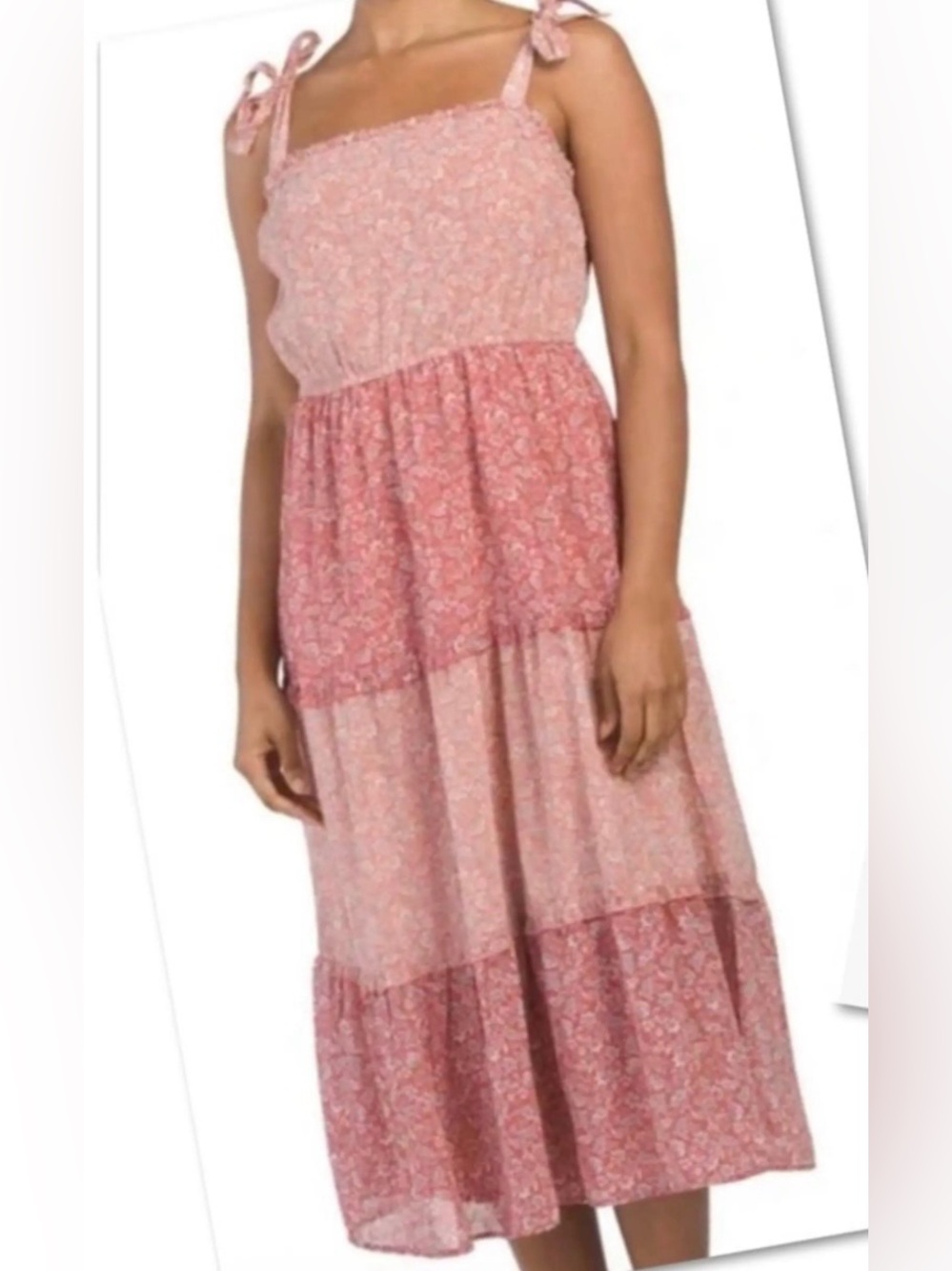 Sincerely Jules Pink Tiered Midi Dress with Tie Straps